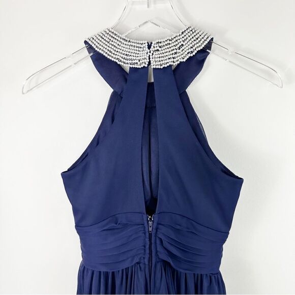 Speechless Junior Halter Style Chiffon Navy Cocktail Dress with Pearl Collar 1 - Picture 9 of 16